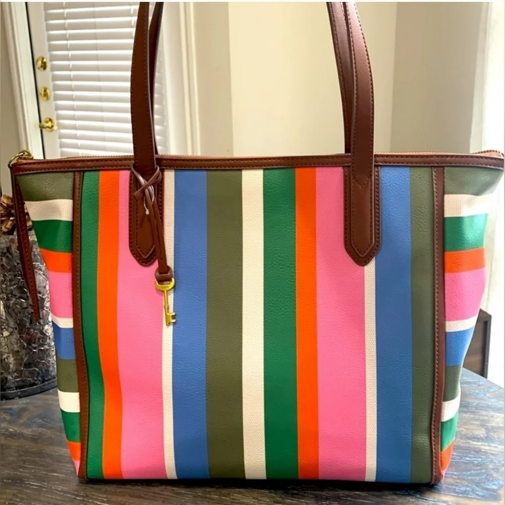 Fossil Sydney tote in Colorful Stripes brown vegan leather trim new with tags